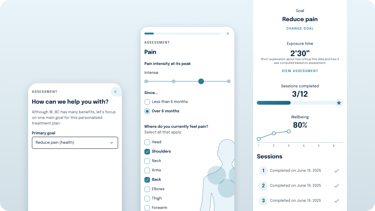 Coach App 3 phone screens showing different steps of the assessment process